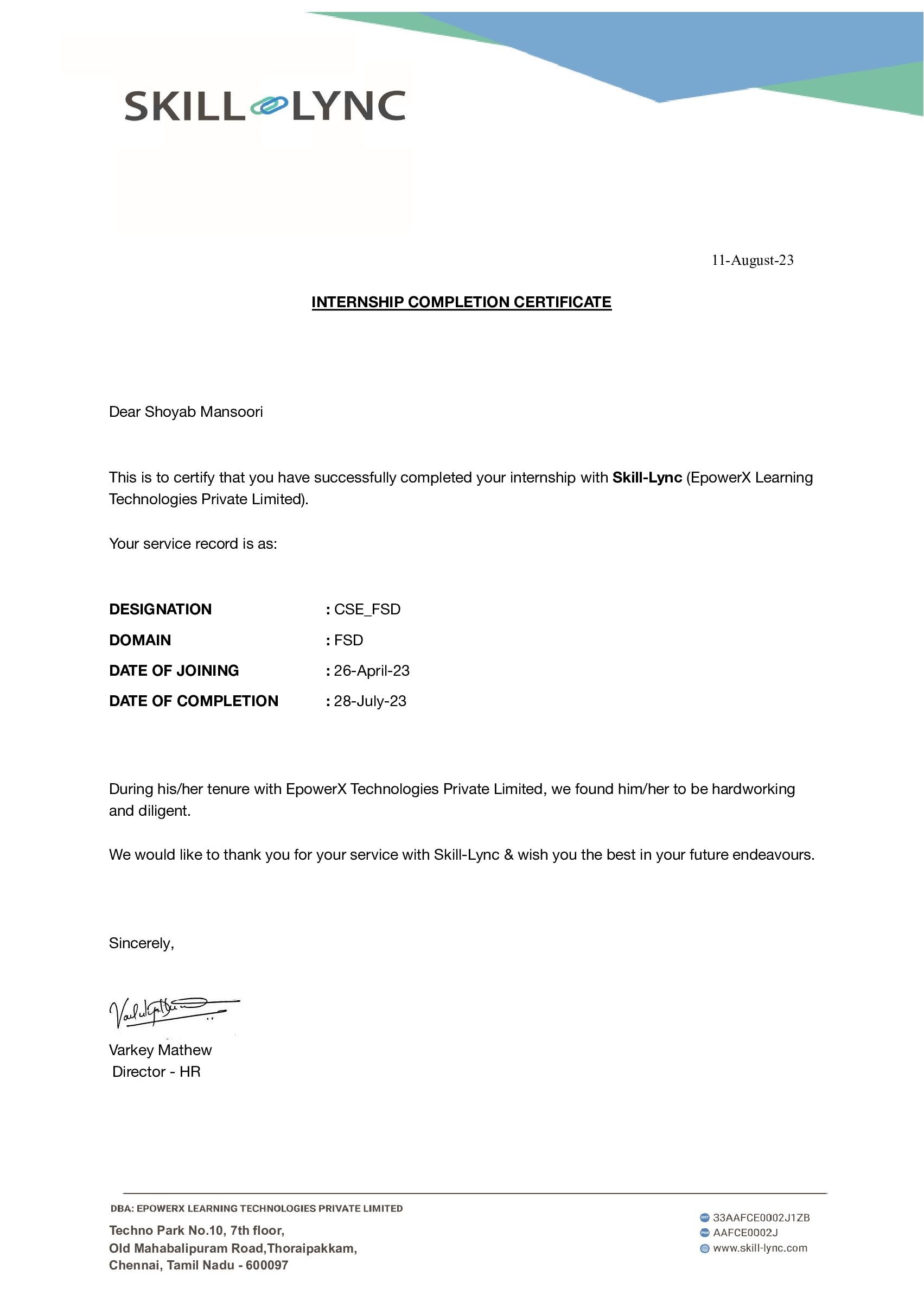 Shoyab Mansoori Certificate of Completion