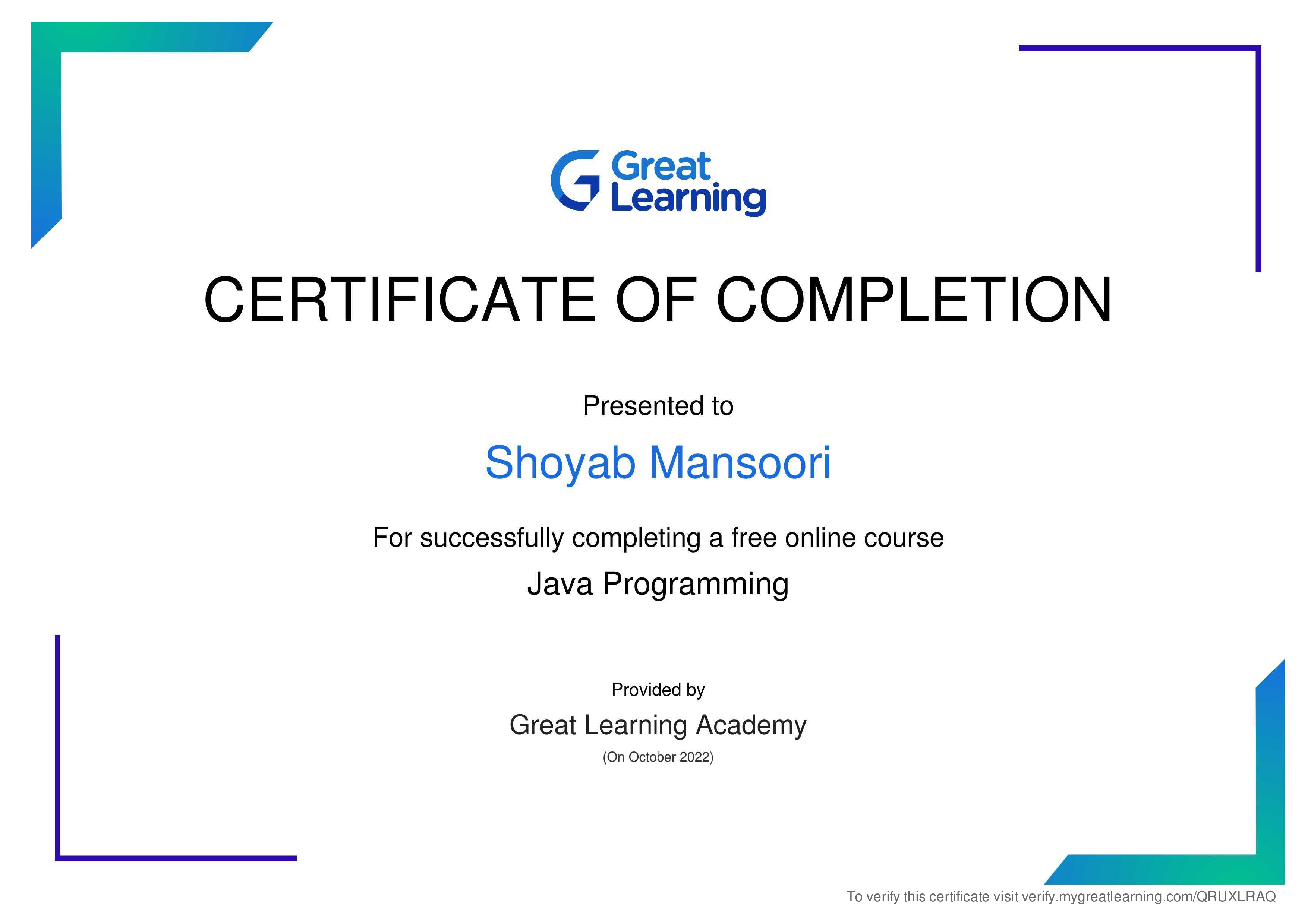 Shoyab Mansoori Java Core Programming Certificate